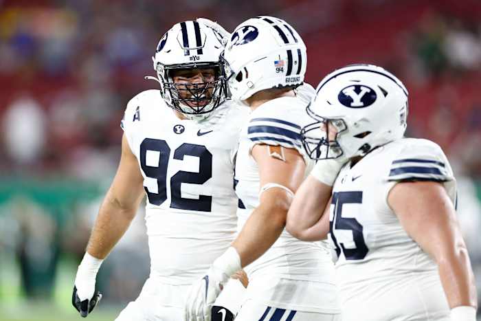 Sep 3, 2022; Tampa, Florida, USA; Brigham Young Cougars defensive lineman Tyler Batty (92) reacts against the South Florida Bulls during the second half at Raymond James Stadium. Mandatory Credit: Douglas DeFelice-USA TODAY Sports